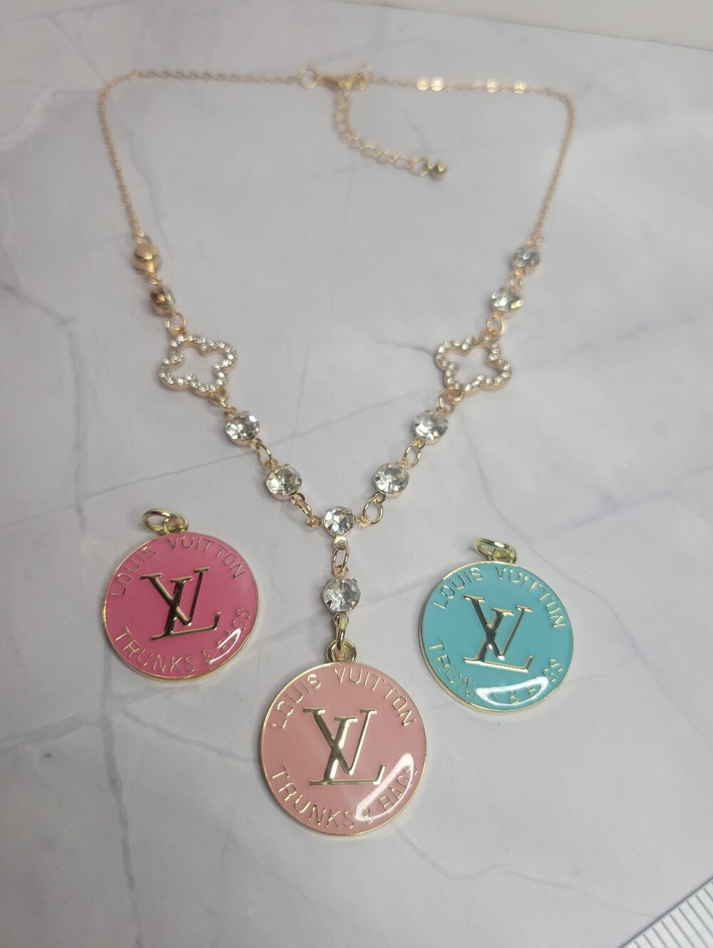 Louis Vuitton Trunks&Bags Zip Pull, Crystal Clover Necklace